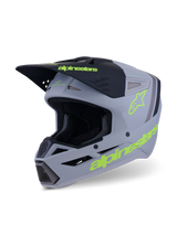 Alpinestars S-M3 Radium Helmet, Motocross and Enduro Helmet, Gray Black and Neon Yellow Fluo Matte, three-quarter view showing aggressive shell design, ventilated intake ports, and bold yellow logos