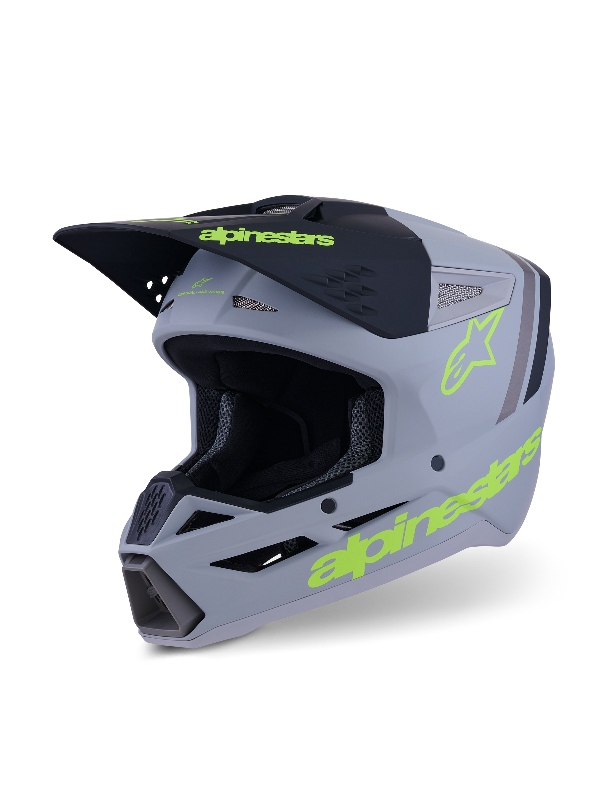 Alpinestars S-M3 Radium Helmet, Motocross and Enduro Helmet, Gray Black and Neon Yellow Fluo Matte, three-quarter view showing aggressive shell design, ventilated intake ports, and bold yellow logos