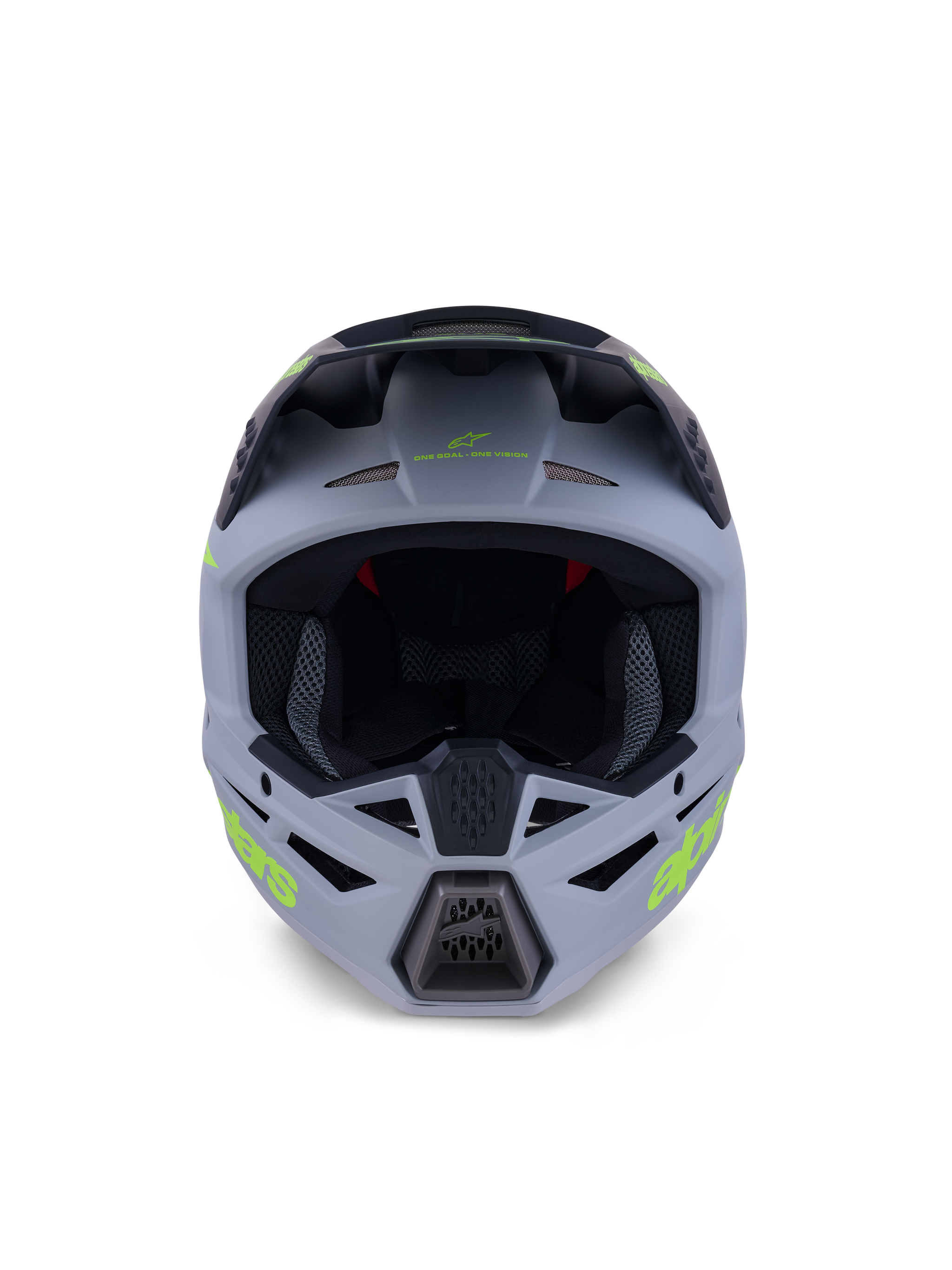 Alpinestars S-M3 Radium Helmet, Full-Face Motocross Helmet, Matte Green and Black with Fluo Yellow branding, front view highlighting chin and forehead ventilation ports with a large eye port, professional off-road protective gear.