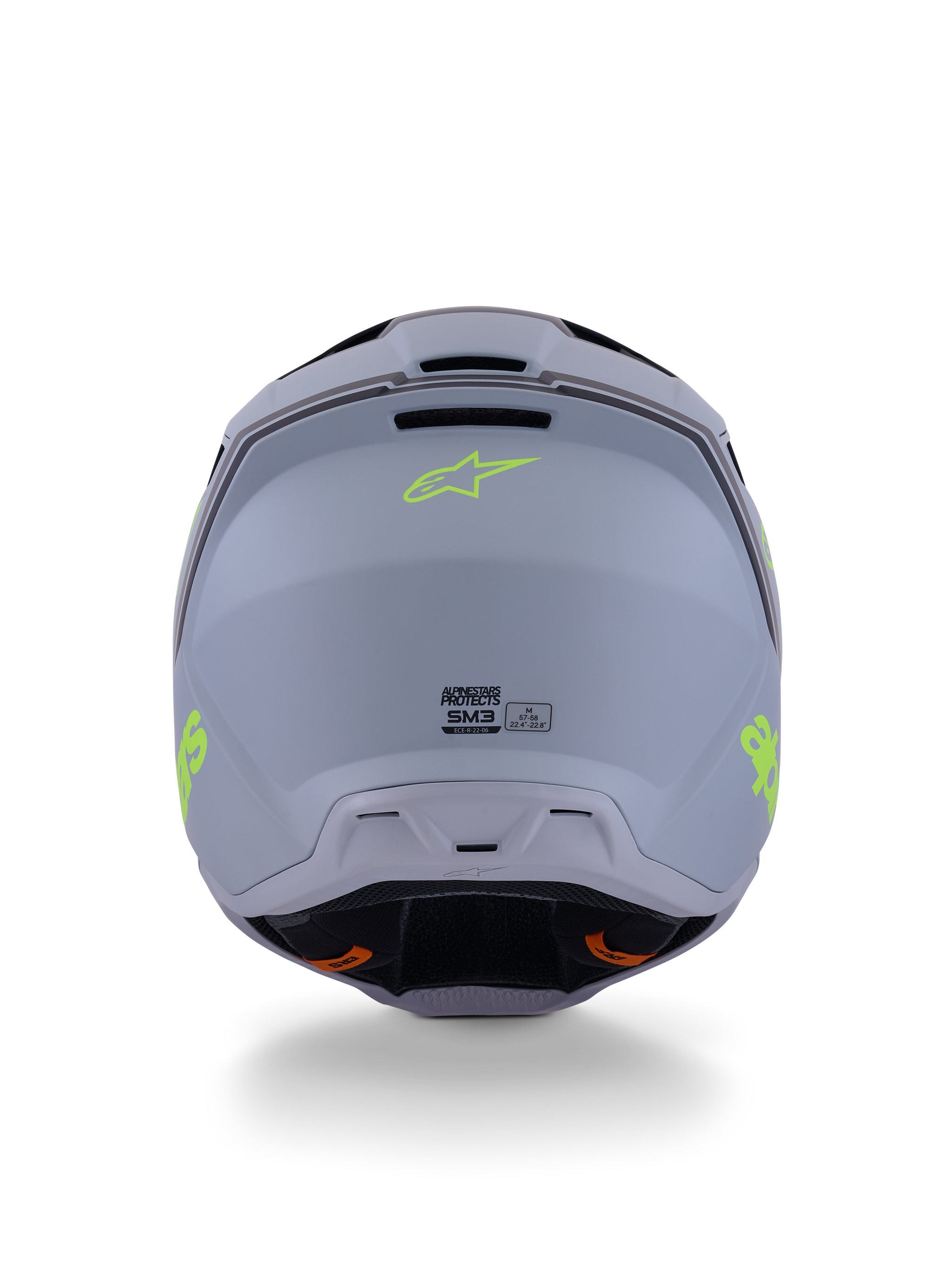 Alpinestars S-M3 Radium Helmet, Motocross Helmet, Green Black and Yellow Fluo Matte, rear view showing matte shell finish, neon yellow Alpinestars logo, and ECE 22.06 certification details.