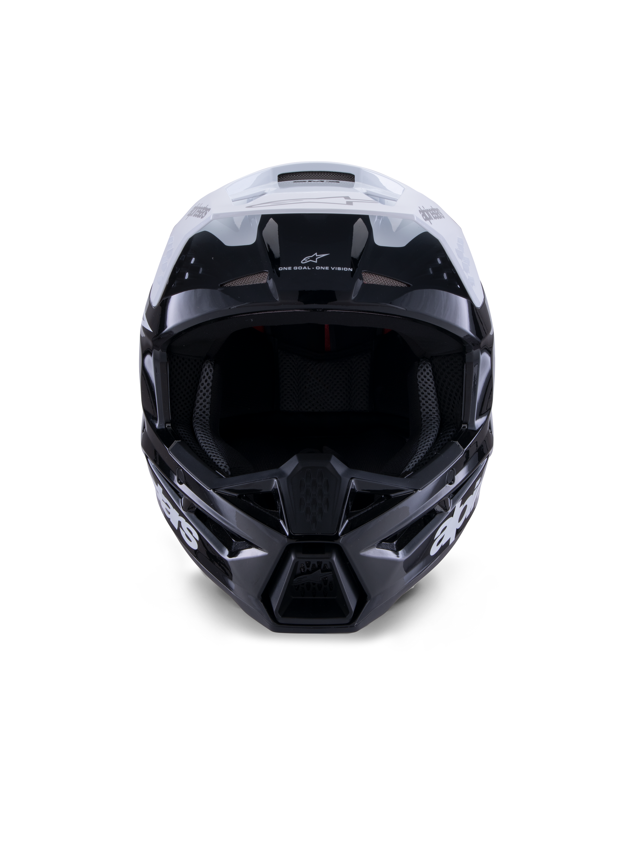 Alpinestars S-M3 Radium Helmet, Motocross Helmet, Black White and Gray Glossy, front-facing view, featuring an aggressive shell design with a white visor, black chin guard, and mesh-lined ventilation ports.
