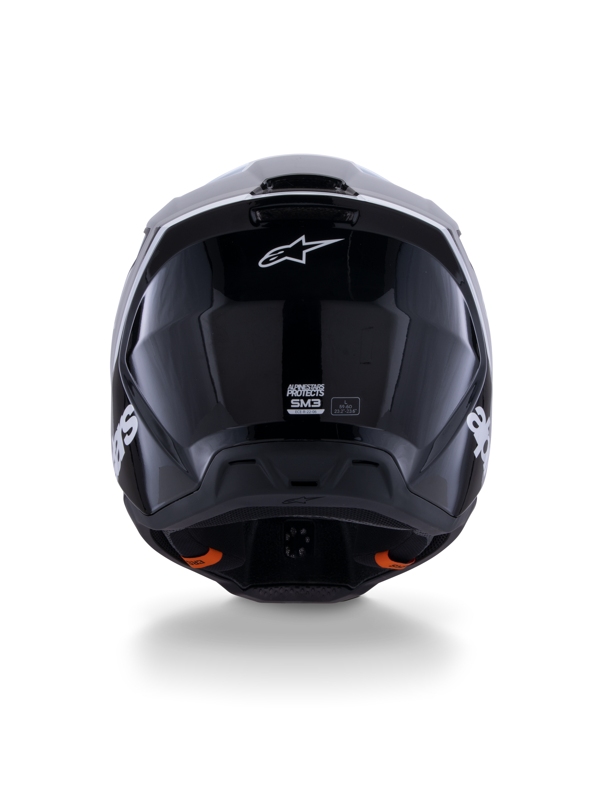 Alpinestars S-M3 Radium Helmet ECE 22.06, Motocross Helmet, Black White Gray Glossy, rear view showing glossy black finish, Alpinestars star logo, ventilation exhaust ports, and ECE certification label.