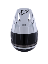 Alpinestars S-M3 Radium Helmet, Motocross Helmet, Black White and Gray Glossy, top-down view showing white visor with black Astar logo and SM3 branding, sleek glossy finish with ventilation ports, high-performance off-road head protection