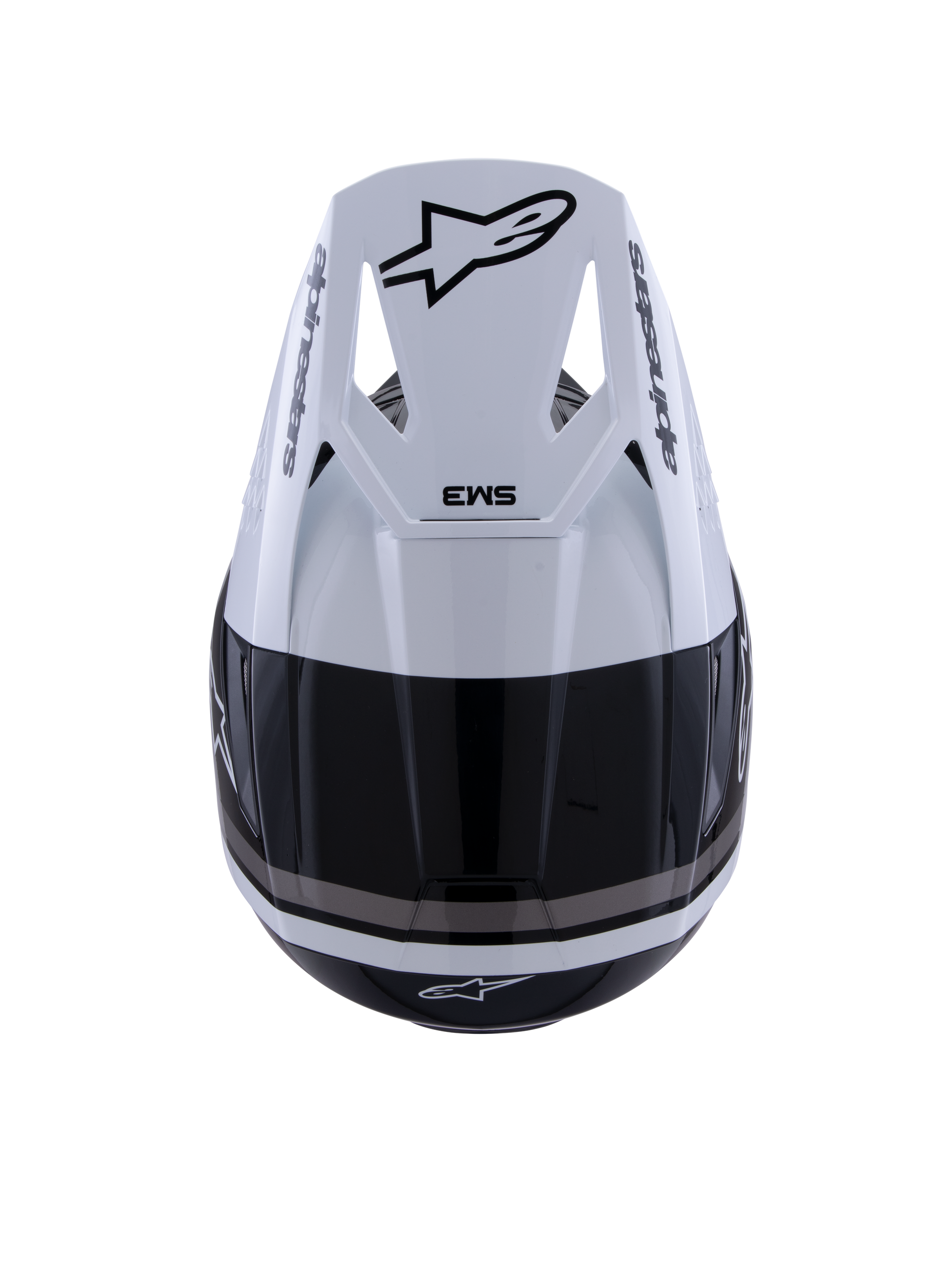 Alpinestars S-M3 Radium Helmet, Motocross Helmet, Black White and Gray Glossy, top-down view showing white visor with black Astar logo and SM3 branding, sleek glossy finish with ventilation ports, high-performance off-road head protection