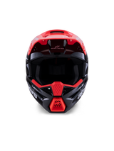 Alpinestars S-M3 Radium Helmet ECE 22.06, Motocross Helmet, Glossy Black with Fluorescent Red and White accents, front-facing view showing the aerodynamic shell, integrated visor, and protective chin bar with bold Alpinestars branding.