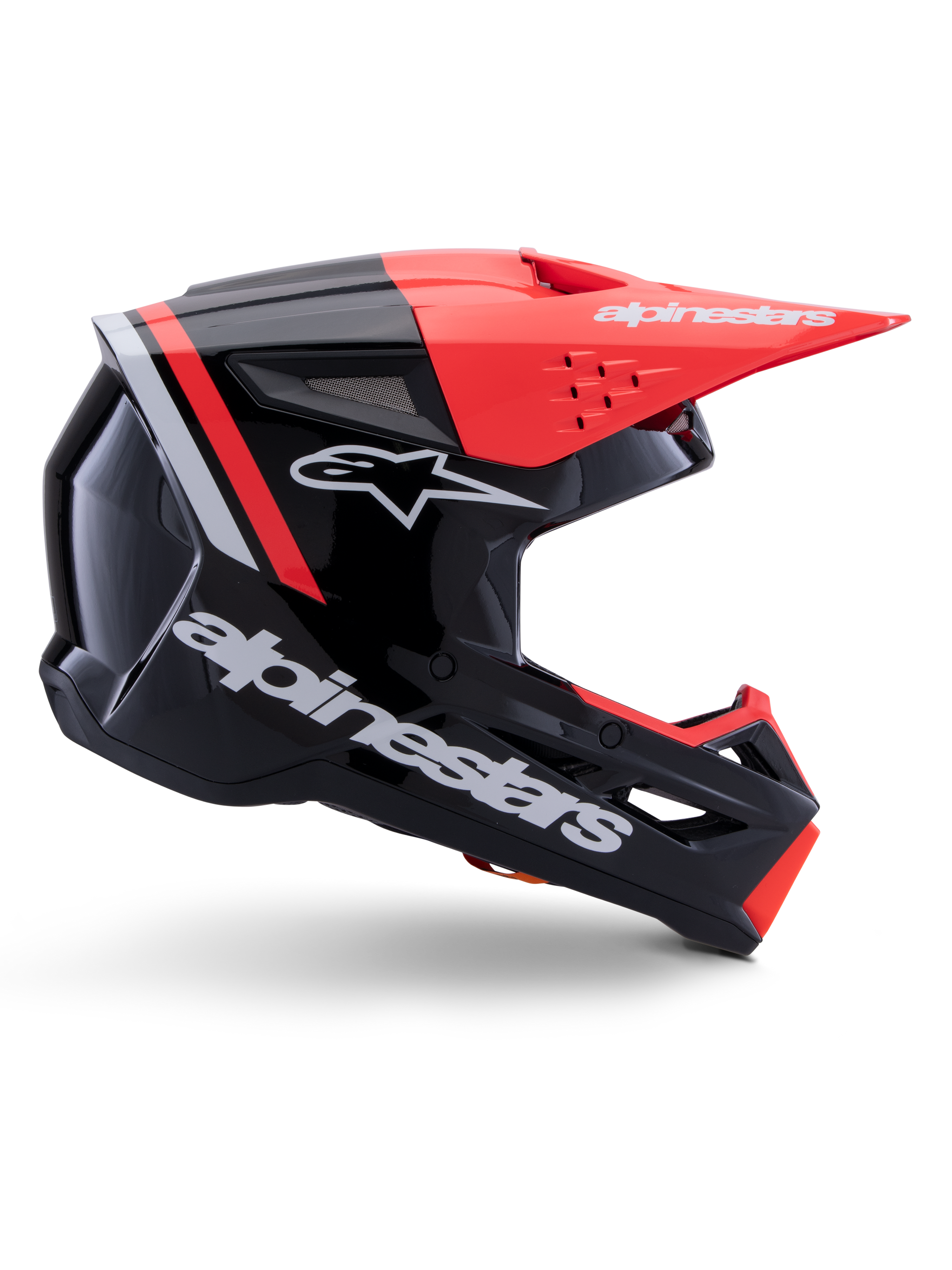 Alpinestars S-M3 Radium Helmet, Motocross Helmet, Black Red Fluo and White Glossy, featuring an aerodynamic design with an angular visor, ventilation ports, and a glossy finish, premium motorsports protection