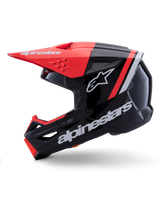 Alpinestars S-M3 Radium Helmet, Motocross Helmet, Black Red Fluo and White Glossy, side profile view, featuring large white Alpinestars branding and star logo, red fluo peak and chin bar accents, glossy finish, engineered for MX and Enduro off-road riding.