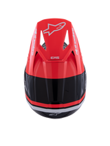 Alpinestars S-M3 Radium Helmet, Motocross Helmet, Black Red Fluo and White Glossy, top view featuring the red fluo visor with white Alpinestars branding and sleek aerodynamic design.