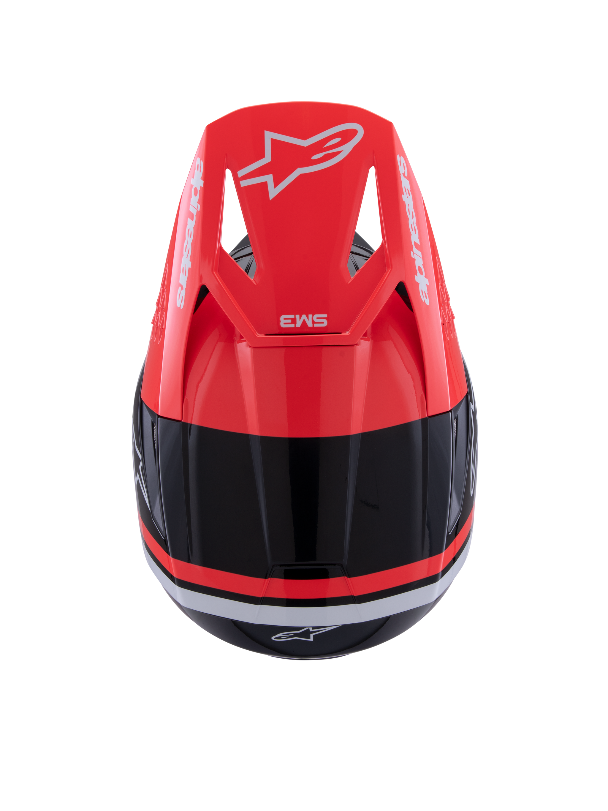 Alpinestars S-M3 Radium Helmet, Motocross Helmet, Black Red Fluo and White Glossy, top view featuring the red fluo visor with white Alpinestars branding and sleek aerodynamic design.