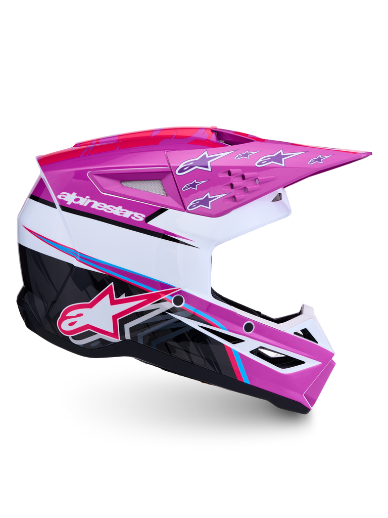 Alpinestars SM3 Falcon Helmet ECE06, purple and white motocross helmet with pink fluo accents and ECE certification.