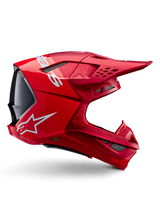 Alpinestars Supertech M10 Flood Helmet, Motocross Helmet, Red Fluo Red Matte and Glossy, side profile view featuring white branding, multiple mesh-covered vents, and aerodynamic off-road racing design