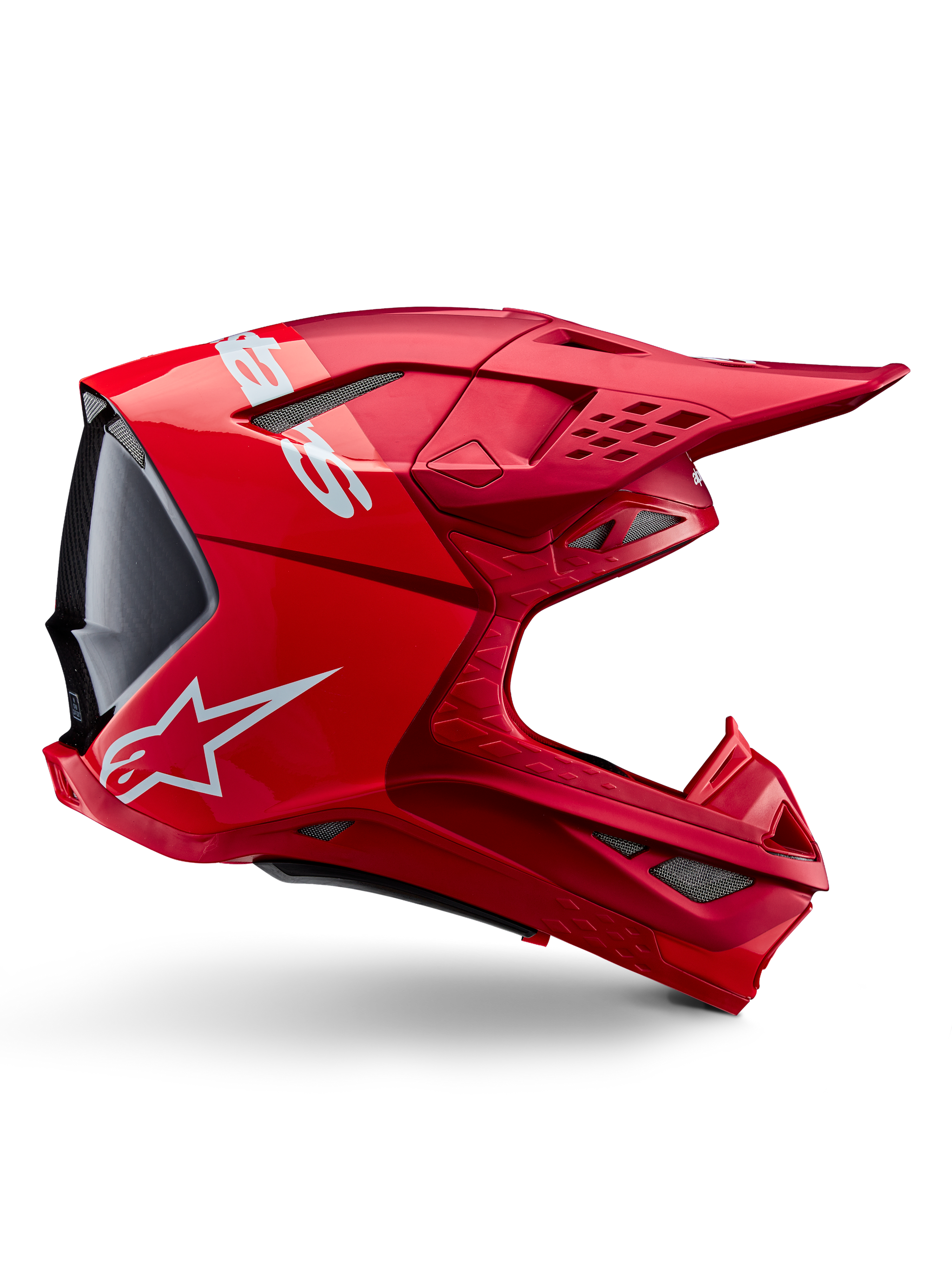 Alpinestars Supertech M10 Flood Helmet, Motocross Helmet, Red Fluo Red Matte and Glossy, side profile view featuring white branding, multiple mesh-covered vents, and aerodynamic off-road racing design