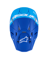 Alpinestars Supertech M10 Flood Helmet, Motocross Helmet, Dark Blue and Light Blue, top-down view featuring white Alpinestars branding and ventilation ports, matte finish professional off-road racing helmet