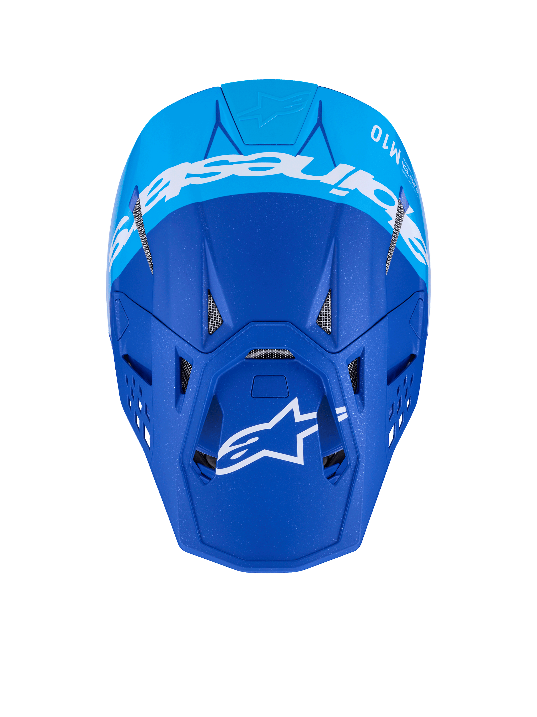 Alpinestars Supertech M10 Flood Helmet, Motocross Helmet, Dark Blue and Light Blue, top-down view featuring white Alpinestars branding and ventilation ports, matte finish professional off-road racing helmet