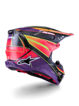 Alpinestars Supertech M10 Era Helmet, Motocross Helmet, Pink Violet and Yellow Fluo Glossy, rear three-quarter view showing the aerodynamic carbon fiber shell, integrated ventilation ports, and bold graphic branding, high-performance off-road racing gear