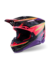 Alpinestars Supertech M10 Era Helmet, Motocross Helmet, Pink Violet and Yellow Fluo Glossy, featuring a multi-composite carbon shell, aerodynamic design with 28 ventilation ports, glossy finish with vibrant graphics and Alpinestars branding, professional off-road racing gear