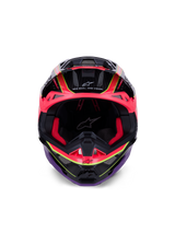 Alpinestars Supertech M10 Era Helmet, Motocross Helmet, Pink Violet and Yellow Fluo Glossy, front view showing red interior padding and carbon fiber shell details, featuring 'One Goal. One Vision.' text, professional off-road racing protection