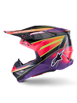 Alpinestars Supertech M10 Era Helmet, Motocross Helmet, Pink Violet and Fluorescent Yellow Glossy, side profile view showing bold geometric graphics and carbon fiber texture, featuring the Alpinestars star logo, integrated ventilation ports, and a sleek aerodynamic design for off-road racing.