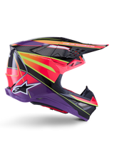 Alpinestars Supertech M10 Era Helmet, Motocross Helmet, Pink Violet and Yellow Fluo Glossy, side profile view, featuring a multi-composite carbon shell with vibrant geometric patterns, integrated ventilation ports, and white Alpinestars logo, designed for elite off-road performance
