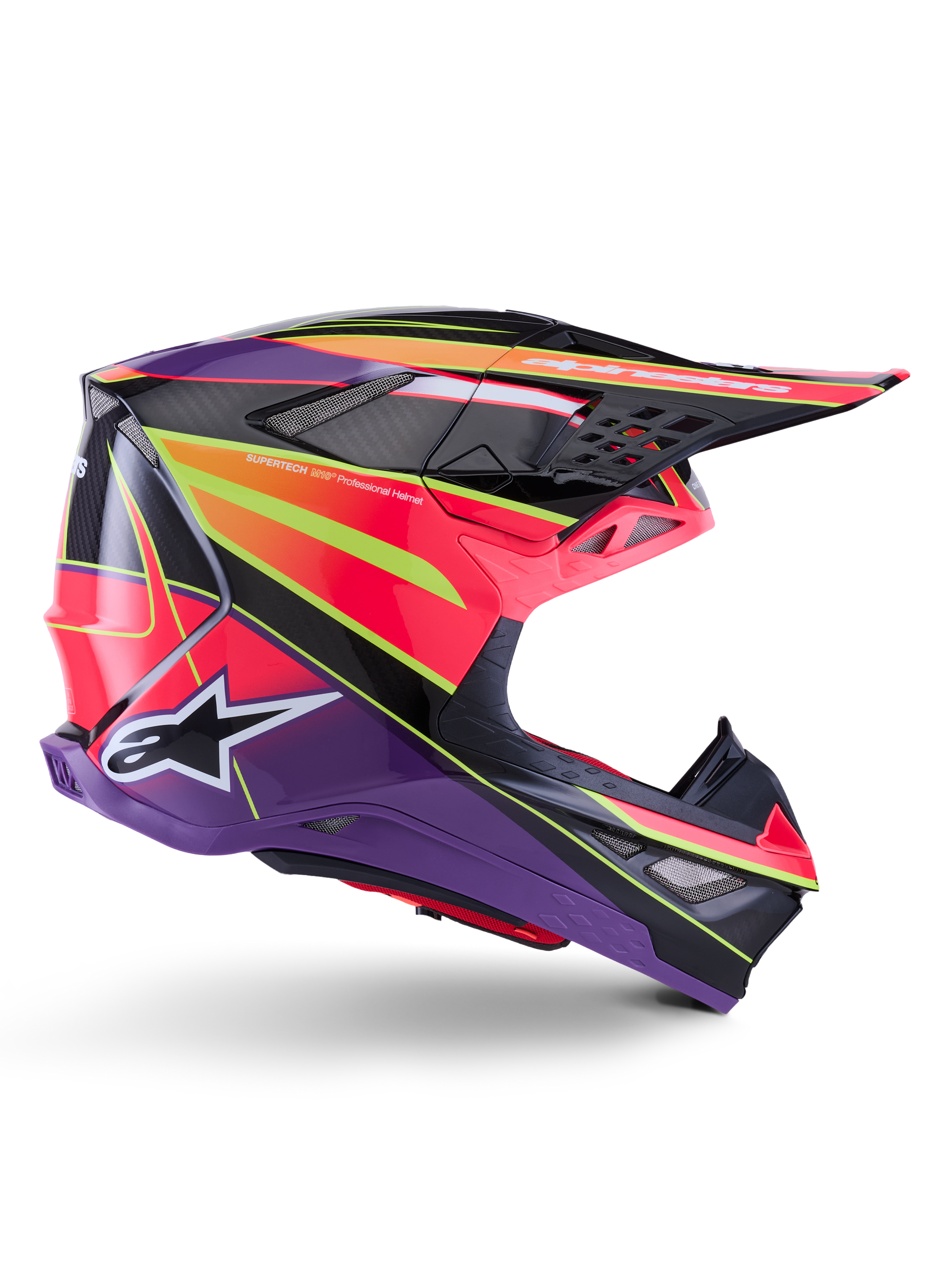 Alpinestars Supertech M10 Era Helmet, Motocross Helmet, Pink Violet and Yellow Fluo Glossy, side profile view, featuring a multi-composite carbon shell with vibrant geometric patterns, integrated ventilation ports, and white Alpinestars logo, designed for elite off-road performance