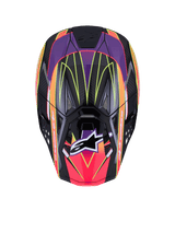 Alpinestars Supertech M10 Era Helmet ECE 22.06, Motocross Helmet, Pink Violet and Yellow Fluo Glossy, top view showing high-density carbon shell with glossy finish, vibrant geometric patterns, integrated ventilation ports, and signature Alpinestars logo