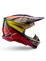 Alpinestars Supertech M10 Era Helmet, Motocross Racing Helmet, Gold Yellow and Rio Red Glossy with Blue and Black accents, aerodynamic design with integrated visor, multiple mesh-covered ventilation ports, and carbon fiber details, ECE 22.06 certified