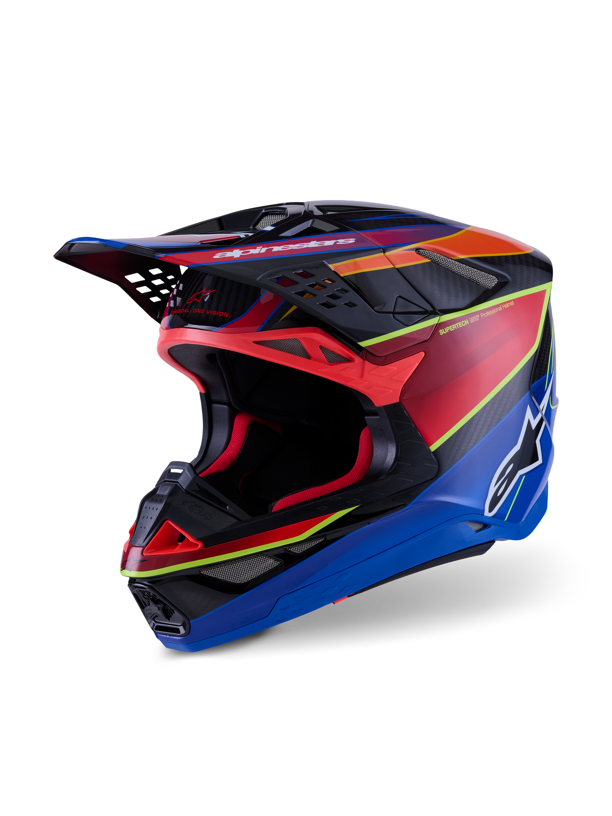 Alpinestars Supertech M10 Era Helmet, Motocross Helmet, Blue Red and Yellow Fluo Glossy, professional multi-composite carbon shell design with advanced ventilation ports and aerodynamic visor for off-road racing.