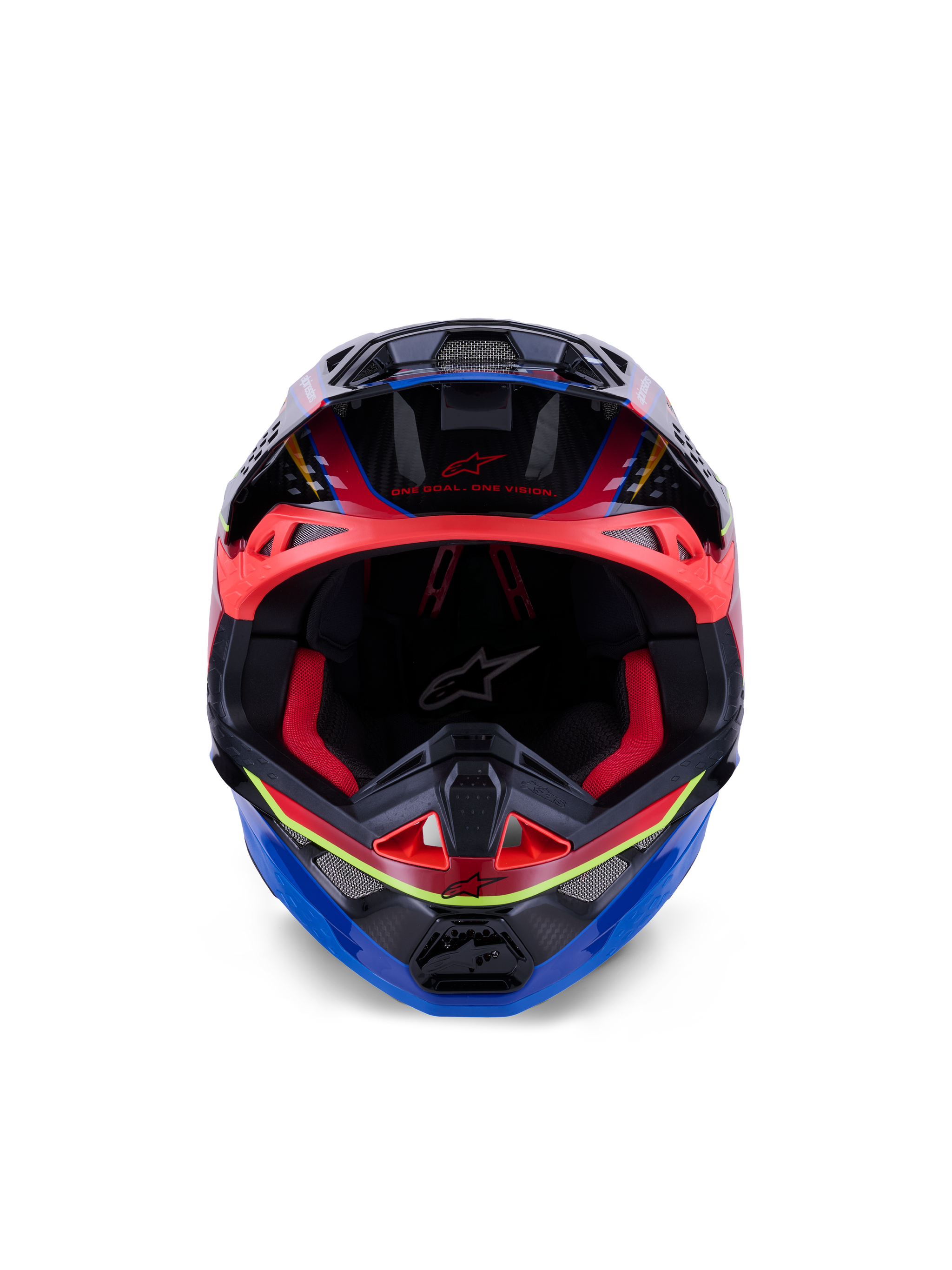Alpinestars Supertech M10 Era Helmet, Motocross Helmet, Blue Red and Yellow Fluo Glossy, front view showing red interior padding and aggressive ventilation ports, glossy 3K carbon shell with aerodynamic design for off-road racing