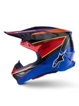 Alpinestars Supertech M10 Era Helmet, Motocross Helmet, Blue Red and Yellow Fluo Glossy, side profile view featuring an aerodynamic carbon fiber shell, bold Alpinestars logo on the side, and multiple ventilation ports, professional off-road racing gear