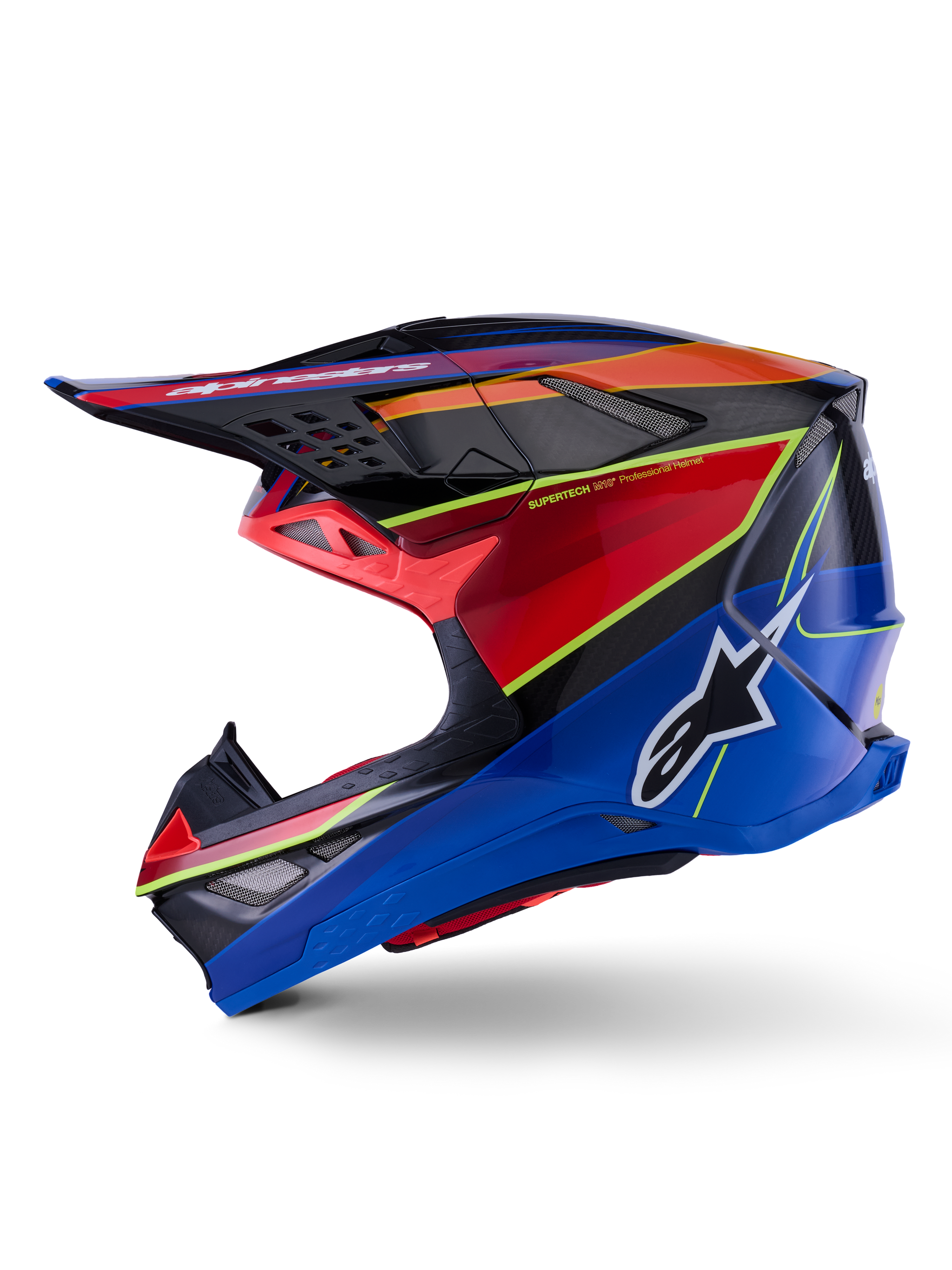 Alpinestars Supertech M10 Era Helmet, Motocross Helmet, Blue Red and Yellow Fluo Glossy, side profile view featuring an aerodynamic carbon fiber shell, bold Alpinestars logo on the side, and multiple ventilation ports, professional off-road racing gear