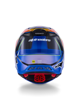 Alpinestars Supertech M10 Era Helmet, Motocross Helmet, Rear View, Blue Red Yellow Fluo Glossy, featuring ventilation ports, carbon composite shell, Alpinestars branding, and MIPS safety sticker, advanced off-road protection