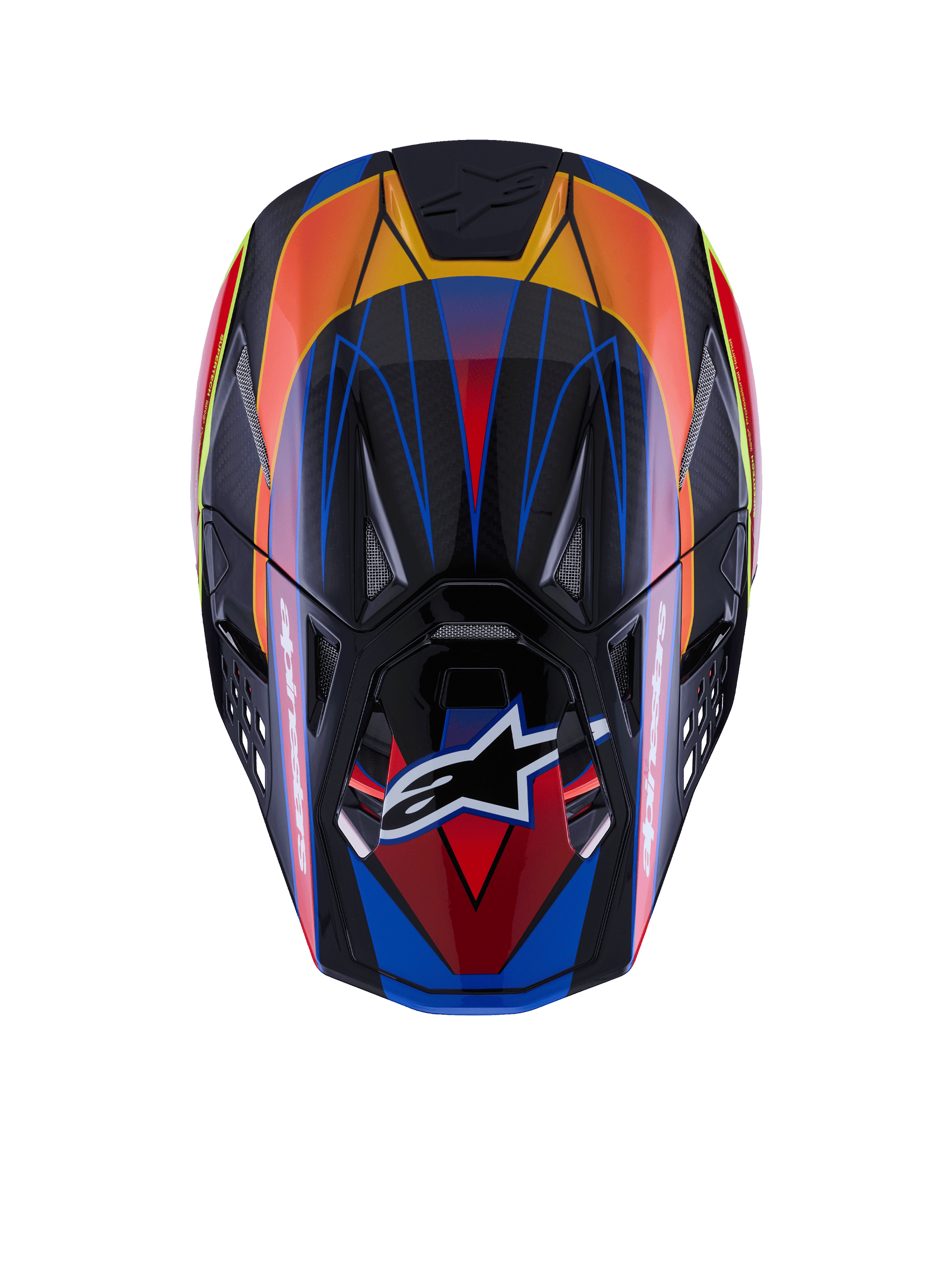 Alpinestars Supertech M10 Era Helmet, Top view, Blue Red and Yellow Fluo Glossy finish, featuring a carbon fiber shell, multiple intake vents with mesh, Alpinestars logo on the visor, advanced motocross protective gear