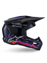Alpinestars S-M3 Force OCD Helmet, Motocross Helmet, Black Glossy with vibrant purple, pink, and orange graphic patterns, side profile view, featuring silver Alpinestars logo and SM3 branding, designed for off-road performance