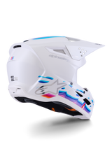 Alpinestars S-M3 Force OCD Helmet, Motocross Helmet, White Glossy with vibrant blue and purple flowing graphics, featuring silver Astar logo and side ventilation ports, aerodynamic shell design for off-road racing