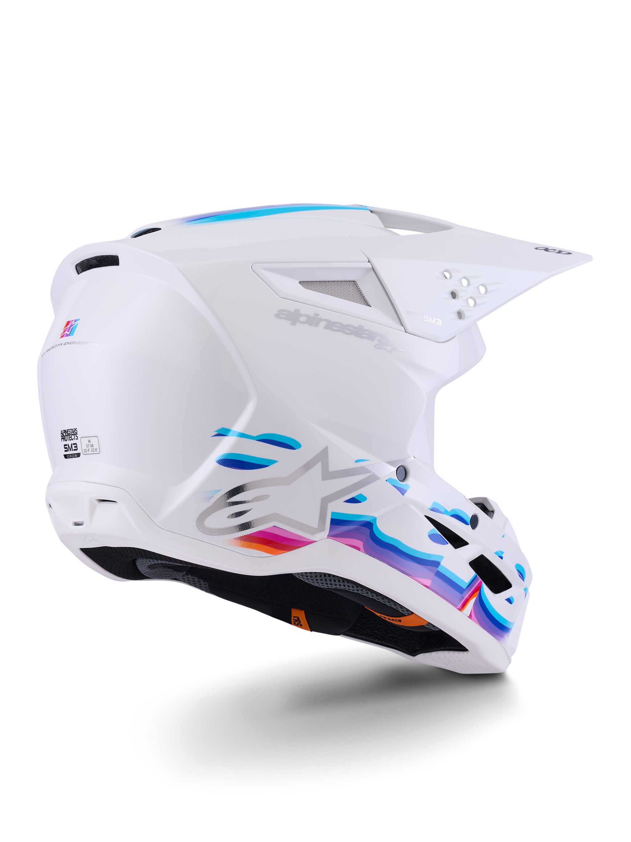 Alpinestars S-M3 Force OCD Helmet, Motocross Helmet, White Glossy with vibrant blue and purple flowing graphics, featuring silver Astar logo and side ventilation ports, aerodynamic shell design for off-road racing