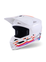 Alpinestars S-M3 Force OCD Helmet, Motocross Helmet, White Glossy with vibrant orange, pink, and blue wavy graphics, featuring a white visor and Alpinestars logo, professional off-road head protection