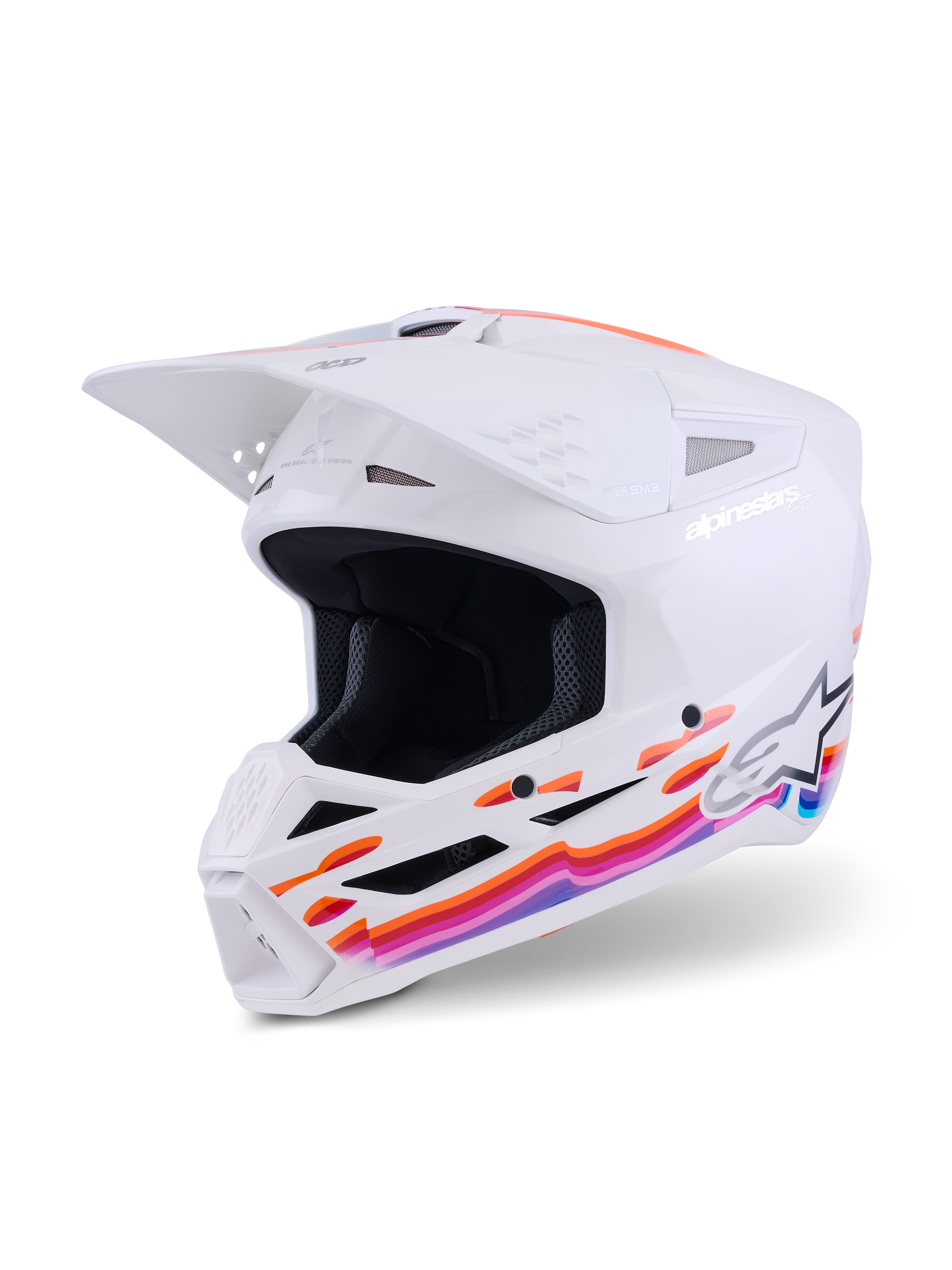 Alpinestars S-M3 Force OCD Helmet, Motocross Helmet, White Glossy with vibrant orange, pink, and blue wavy graphics, featuring a white visor and Alpinestars logo, professional off-road head protection