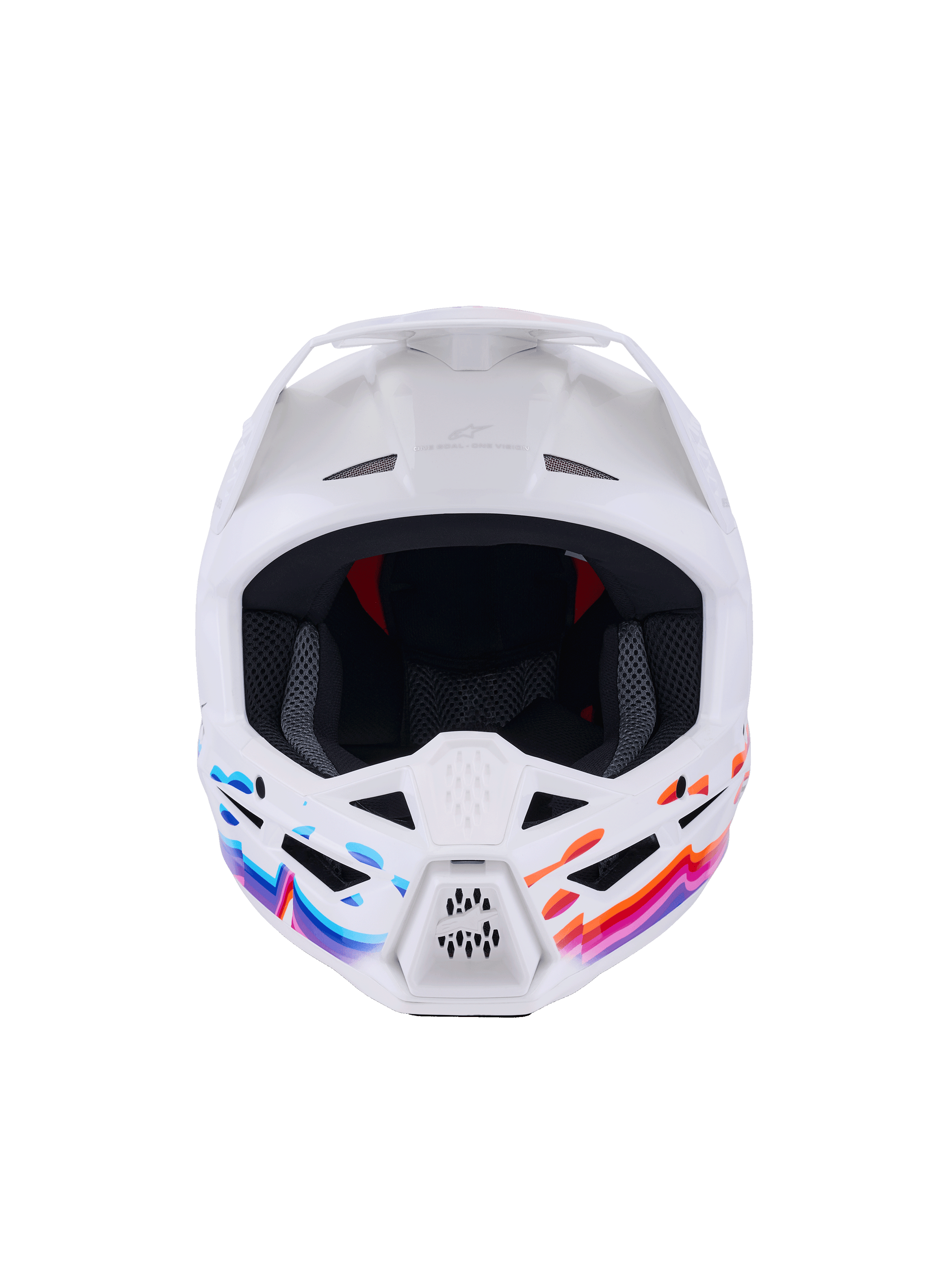 Alpinestars S-M3 Force OCD Helmet, Motocross Helmet, White Glossy with vibrant blue, pink, and orange wavy graphics, front view showing ventilation inlets and white visor, professional-grade head protection for off-road riding