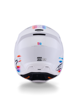 Alpinestars S-M3 Force OCD Helmet, Motocross Helmet, White Glossy, Rear view featuring multi-colored stripe accents in blue, orange, and pink, sleek thermo-injected shell with ventilation ports and Alpinestars branding, professional head protection for off-road riding