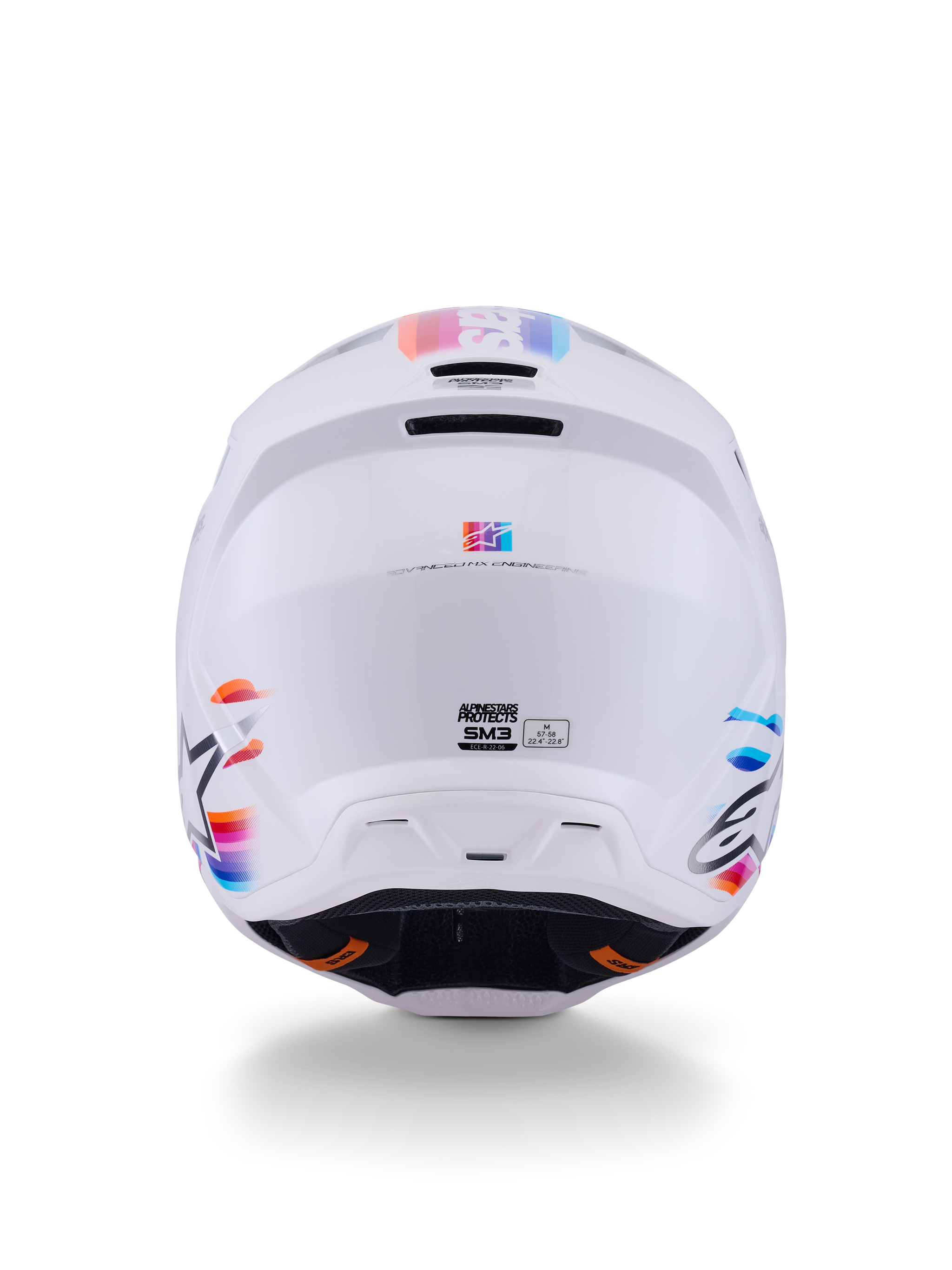 Alpinestars S-M3 Force OCD Helmet, Motocross Helmet, White Glossy, Rear view featuring multi-colored stripe accents in blue, orange, and pink, sleek thermo-injected shell with ventilation ports and Alpinestars branding, professional head protection for off-road riding