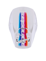 Alpinestars S-M3 Force OCD Helmet, Motocross Helmet, White Glossy, top-down view featuring a vibrant multi-colored center stripe in blue, purple, red, and orange, white Alpinestars branding and star logo, professional off-road head protection