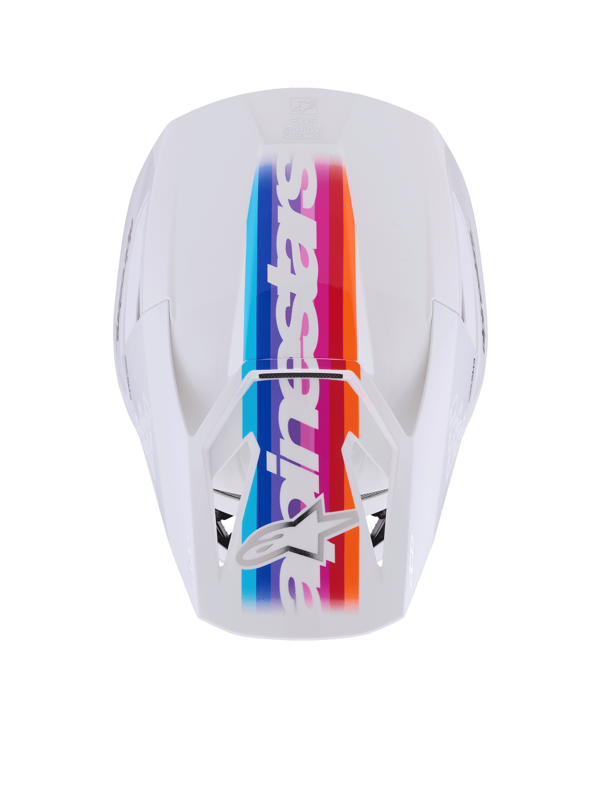 Alpinestars S-M3 Force OCD Helmet, Motocross Helmet, White Glossy, top-down view featuring a vibrant multi-colored center stripe in blue, purple, red, and orange, white Alpinestars branding and star logo, professional off-road head protection