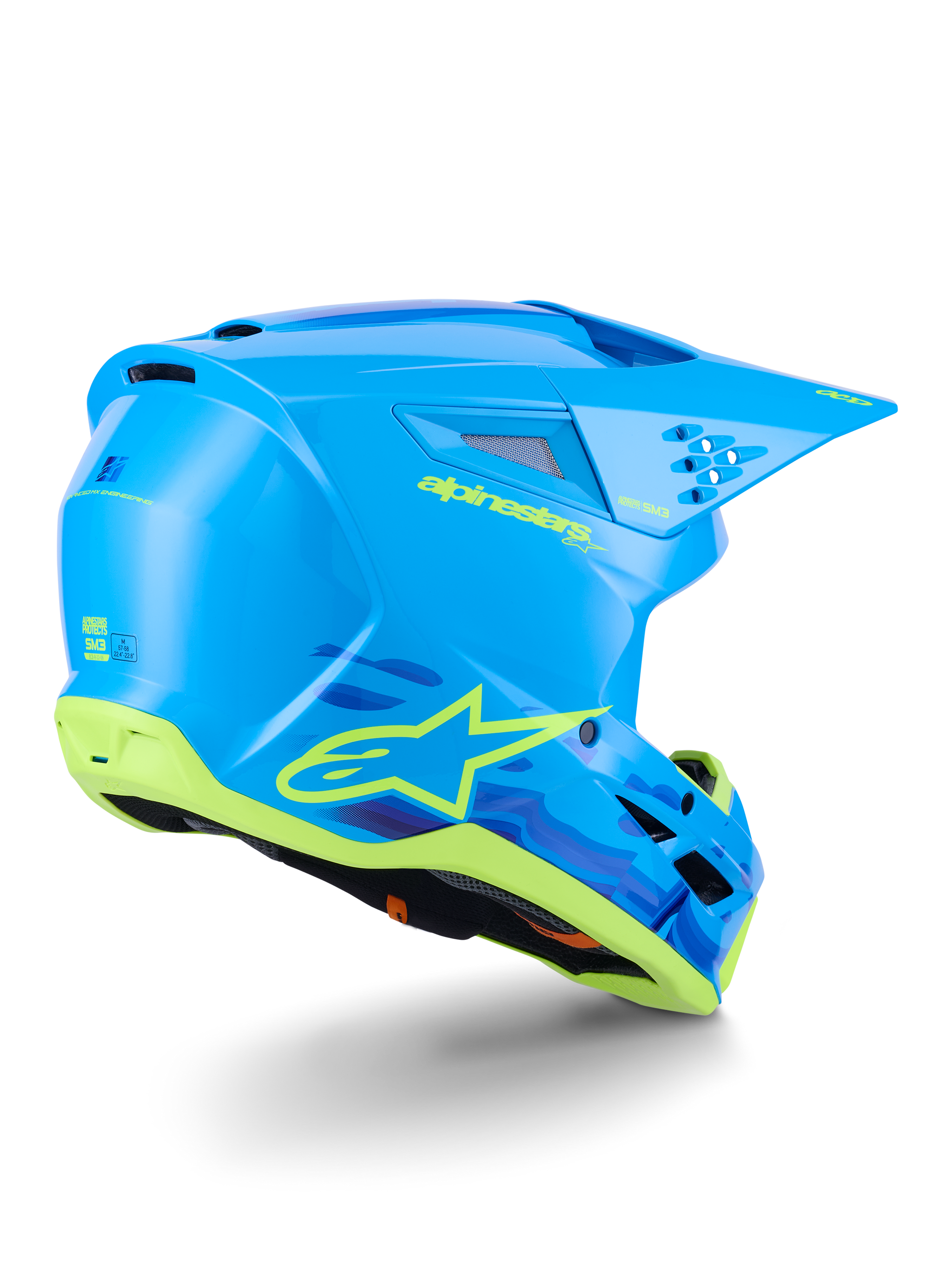 Alpinestars S-M3 Force OCD Helmet, Motocross Helmet, Cyan Glossy with black and white accents, featuring a sleek aerodynamic design, integrated ventilation ports, and a protective visor for off-road performance.