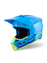 Alpinestars S-M3 Force OCD Helmet, Motocross Helmet, Cyan Glossy with neon yellow and purple wavy graphics, high-gloss finish with prominent Alpinestars logo, designed for off-road impact protection and ventilation