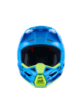 Alpinestars S-M3 Force OCD Helmet, Motocross Helmet, Cyan Glossy with neon yellow accents, front view, featuring blue and purple camo graphics, aggressive ventilation ports, and sleek aerodynamic shell design