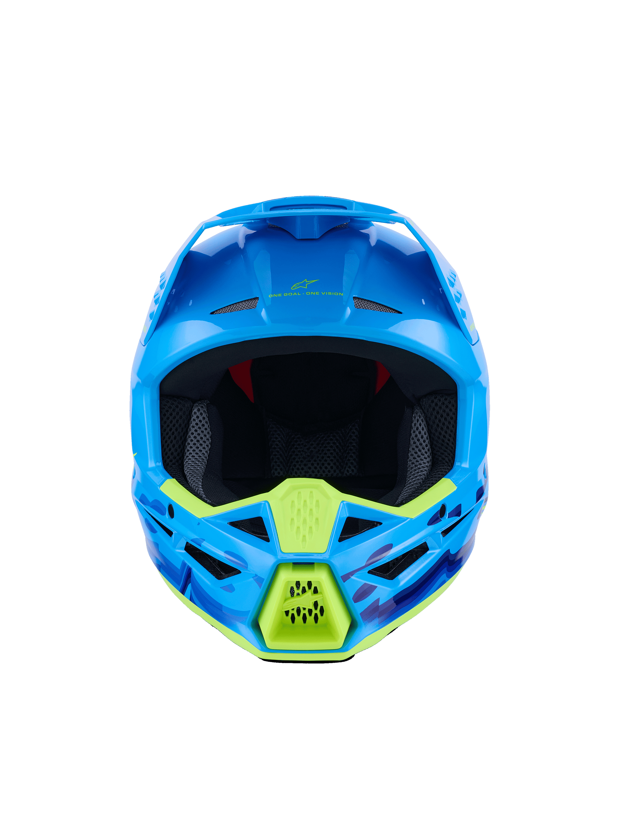 Alpinestars S-M3 Force OCD Helmet, Motocross Helmet, Cyan Glossy with neon yellow accents, front view, featuring blue and purple camo graphics, aggressive ventilation ports, and sleek aerodynamic shell design