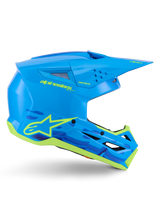 Alpinestars S-M3 Force OCD Helmet, Motocross Off-Road Helmet, Cyan Glossy with Neon Yellow details, ECE 22.06 Certified, aerodynamic shell with ventilation slits, pointed visor, and star logo graphics
