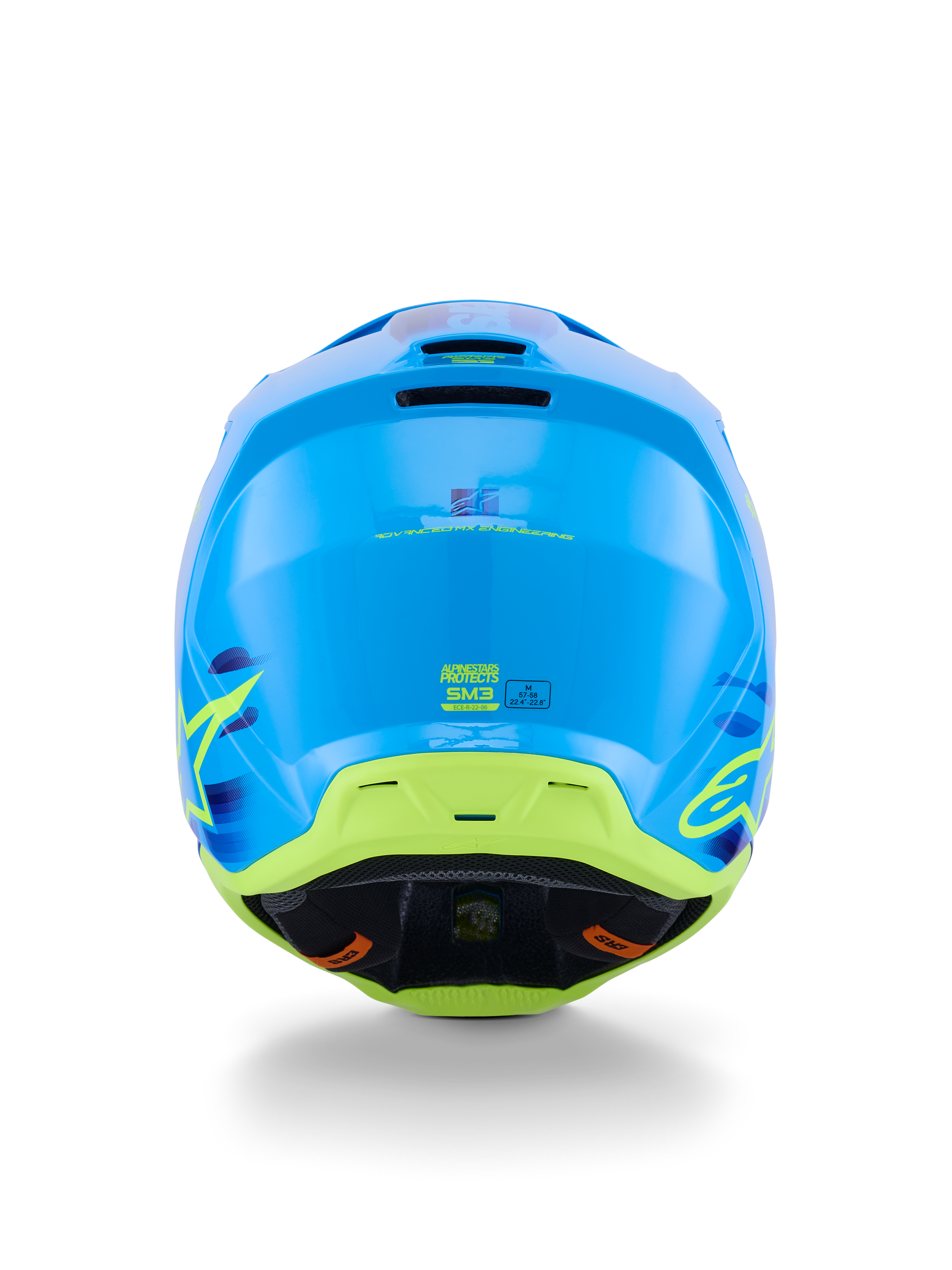 Alpinestars S-M3 Force OCD Helmet, Motocross Helmet, Cyan Glossy with lime green and yellow accents, rear view highlighting the aerodynamic shell construction, exhaust ventilation ports, and ECE 22.06 safety markings.