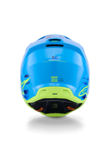 Alpinestars S-M3 Force OCD Helmet, Motocross Helmet, Cyan Glossy with lime green and yellow accents, rear view highlighting the aerodynamic shell construction, exhaust ventilation ports, and ECE 22.06 safety markings.