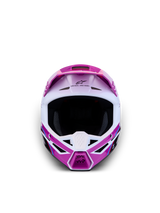 Alpinestars SM3 Youth Falcon Helmet ECE06, Youth Motocross Helmet in Purple and White, featuring a lightweight shell and advanced ventilation for off-road performance, Front View.